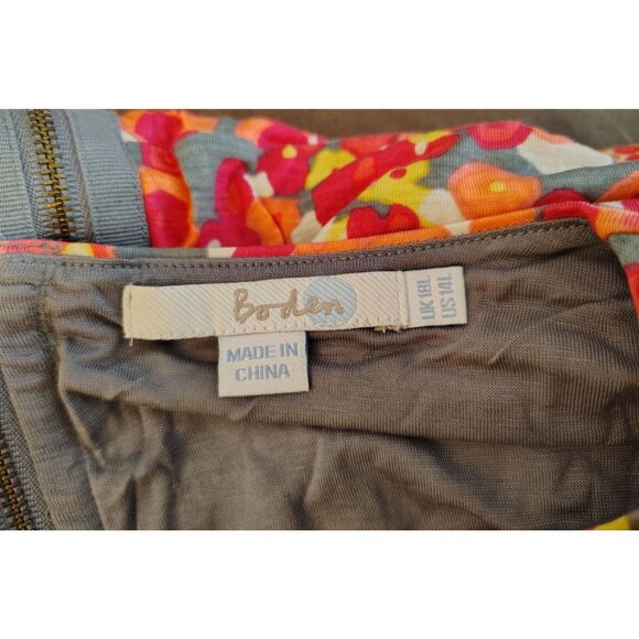 Boden 14 Large Pink Orange Gray Flower Dress Long Sleeve Rouched Neckline Modest - Picture 4 of 5